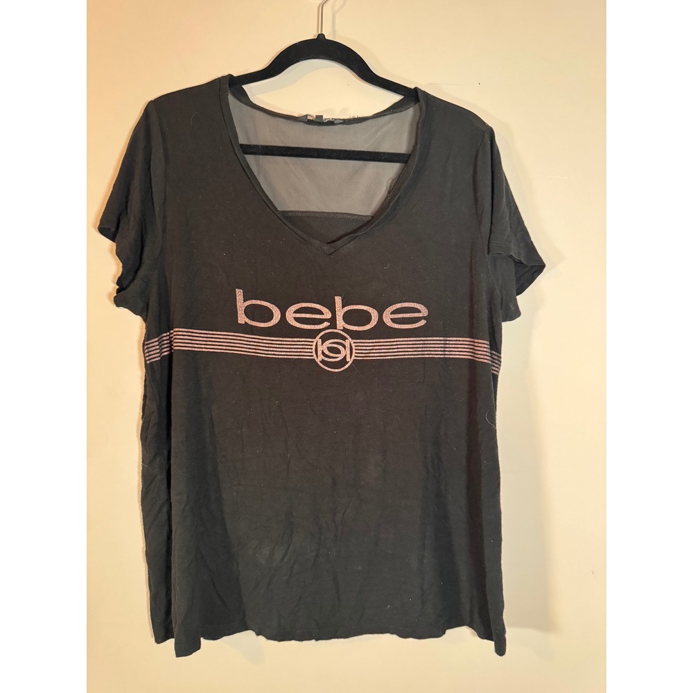 Bebe Sport Womens Black Rose Gold Logo Mesh V-Neck T-Shirt Tee XL